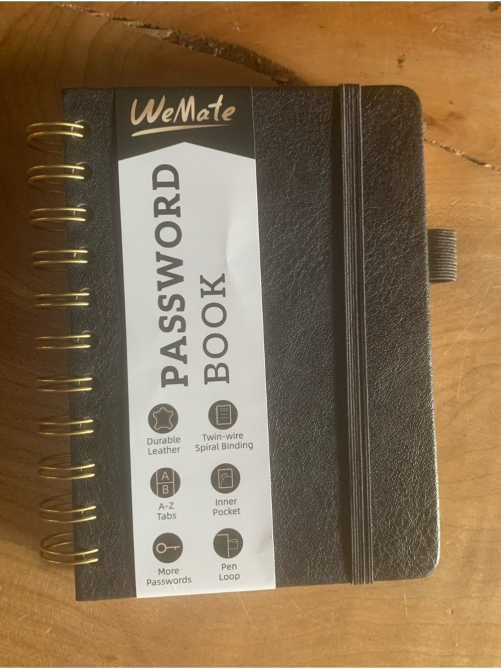 New Compact WeMate Black Leather Password Organizer with Gold Spiral